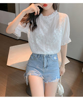 Short Sleeve Embroidery Lace Chiffon Blouse Shirt